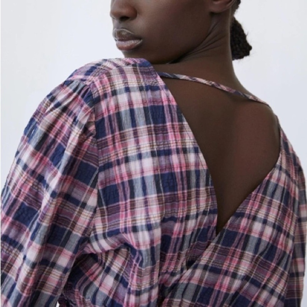 Zara Plaid Check Balloon Sleeve Smocked V-Neck Cropped Blouse Top